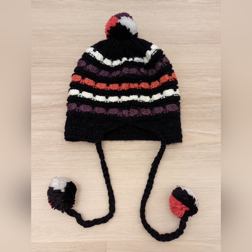 Black Colorful Cable Knit Beanie Hat with 3 Balls